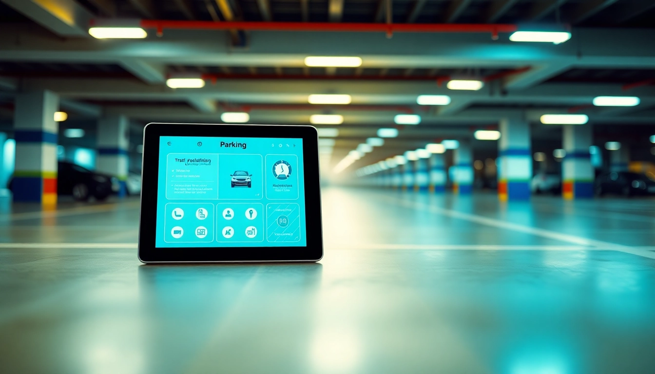 Streamlined vrr parking registration interface on a digital tablet amidst a modern parking lot.