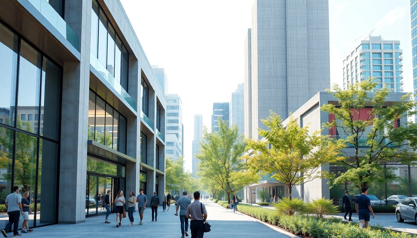 Architektur visualisierung eines modernen Wohngebäudes in urbanem Umfeld mit lebendigen Details.