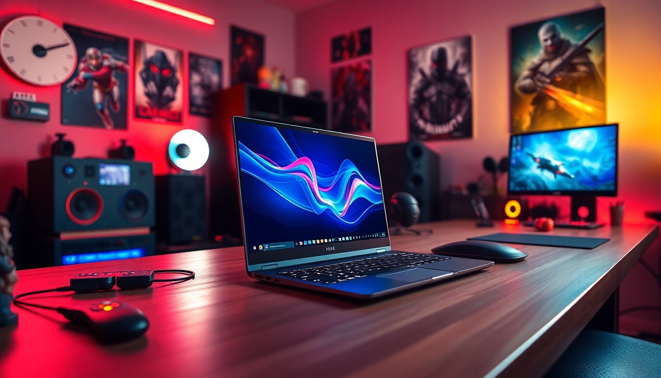 Showcase of a Gaming Laptop with vibrant accessories in a cozy gaming setup.