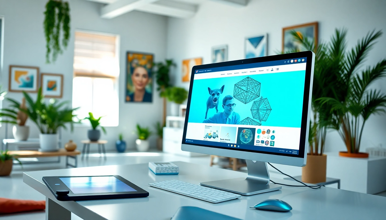 Create a stunning website design in a modern workspace with vibrant colors and design tools