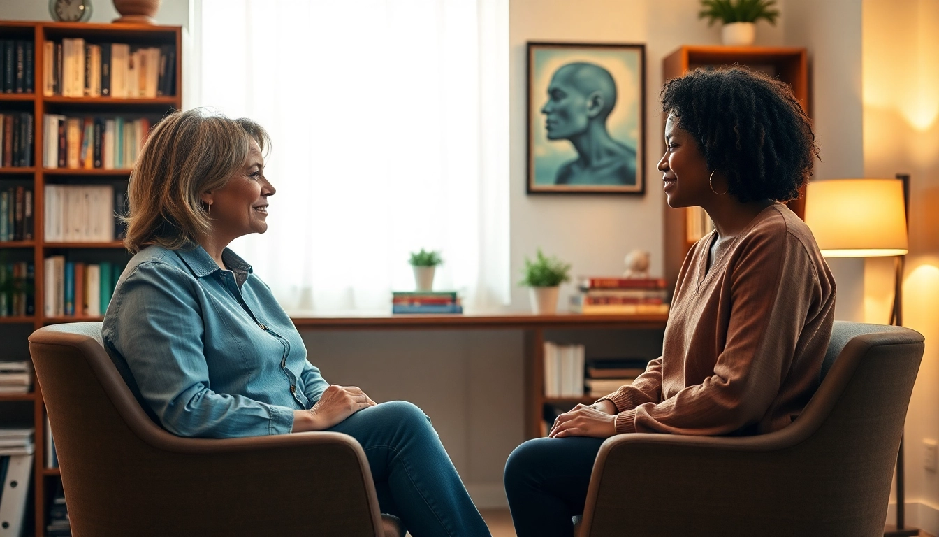 Engaging conversation with an attachment theory specialist in a calming therapy room.