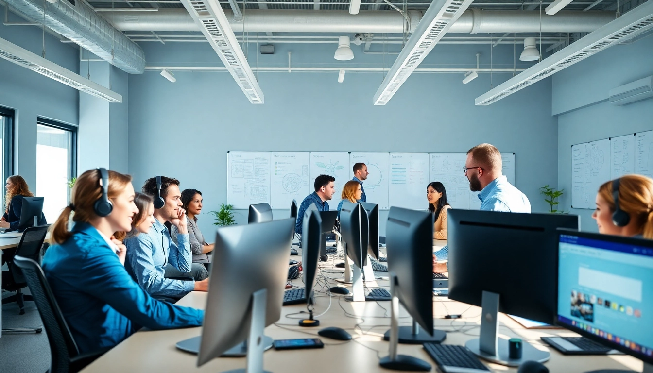 Engage with helpdesk support professionals collaborating in a modern office environment.