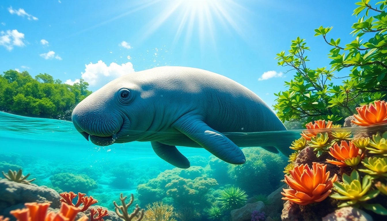 Observe manatees puerto rico swimming gracefully in a tranquil natural bay, surrounded by vibrant marine life.