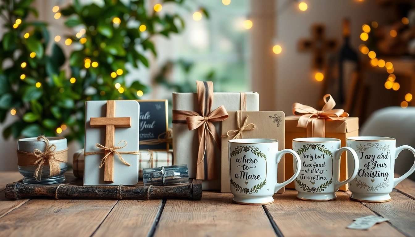 Explore unique Christian gifts showcased beautifully on a rustic wooden table.
