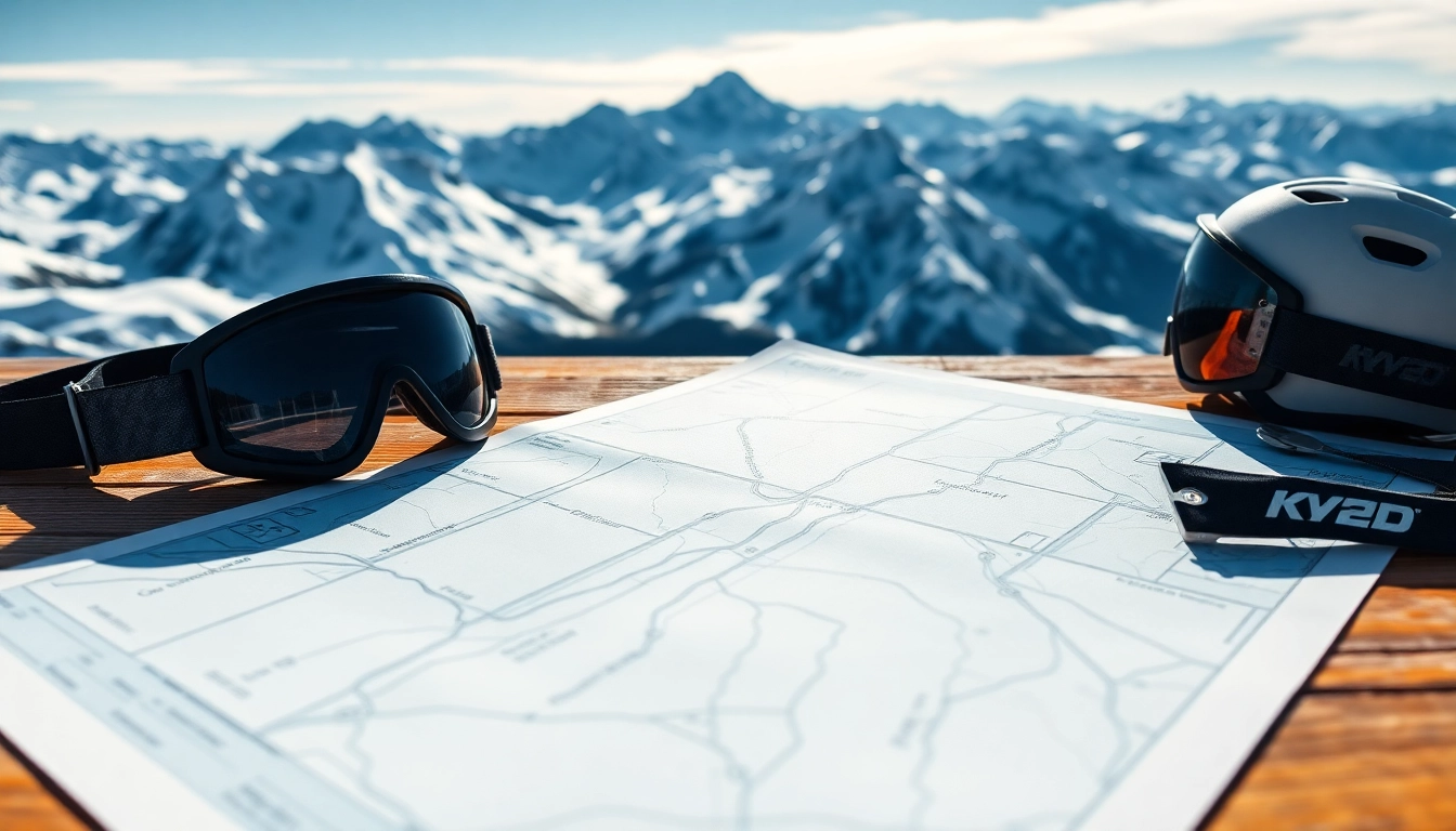 Ski map of New Zealand showcased on a table with skiing gear and mountain backdrop.