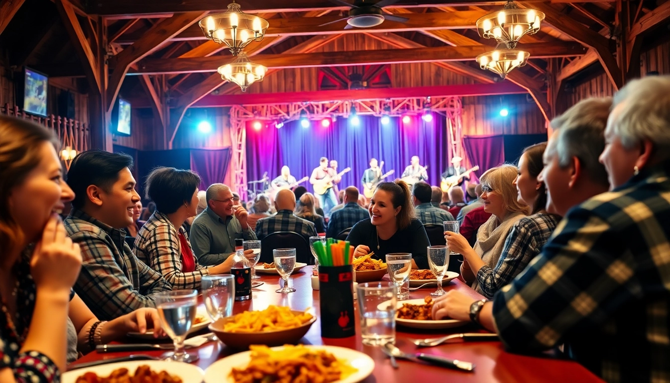 Guests enjoying a meal at the firelight barn dinner theater while watching a live performance.