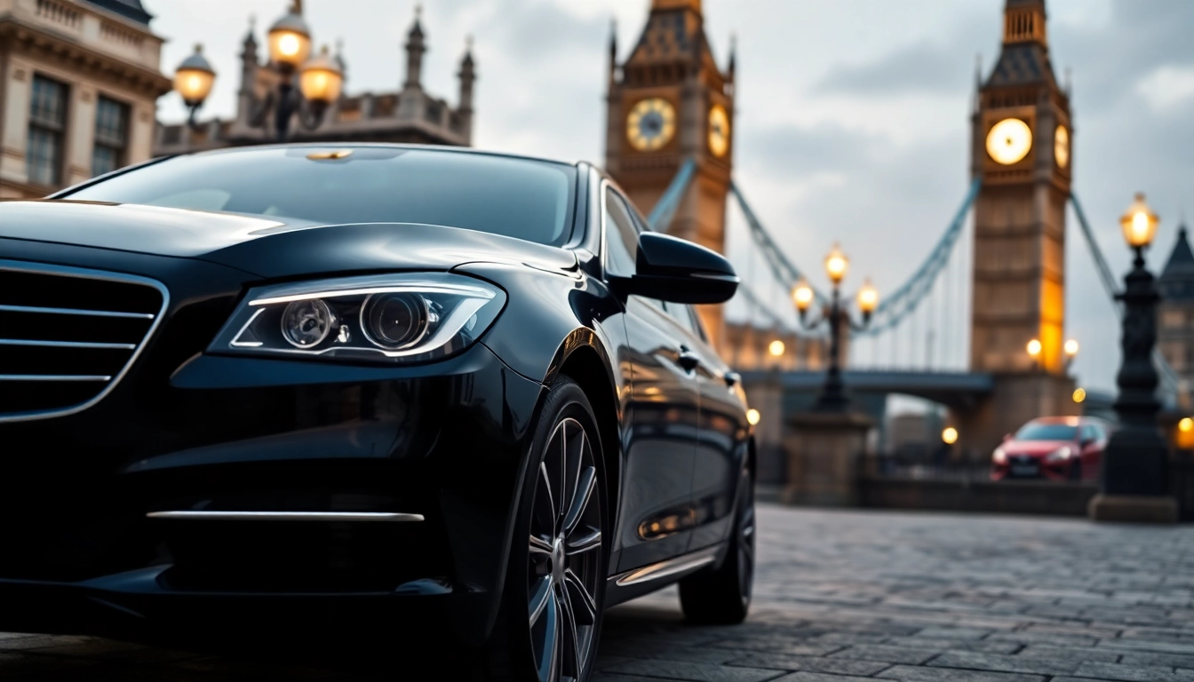 Experience chauffeur hire london with a luxury car gleaming in front of famous London landmarks.