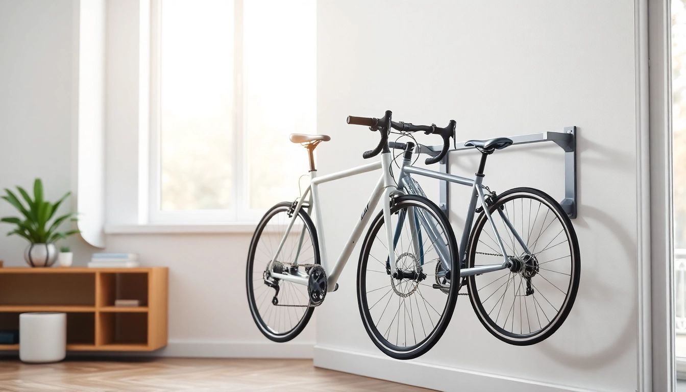 Showcase of indoor bike storage solutions featuring modern wall-mounted racks.