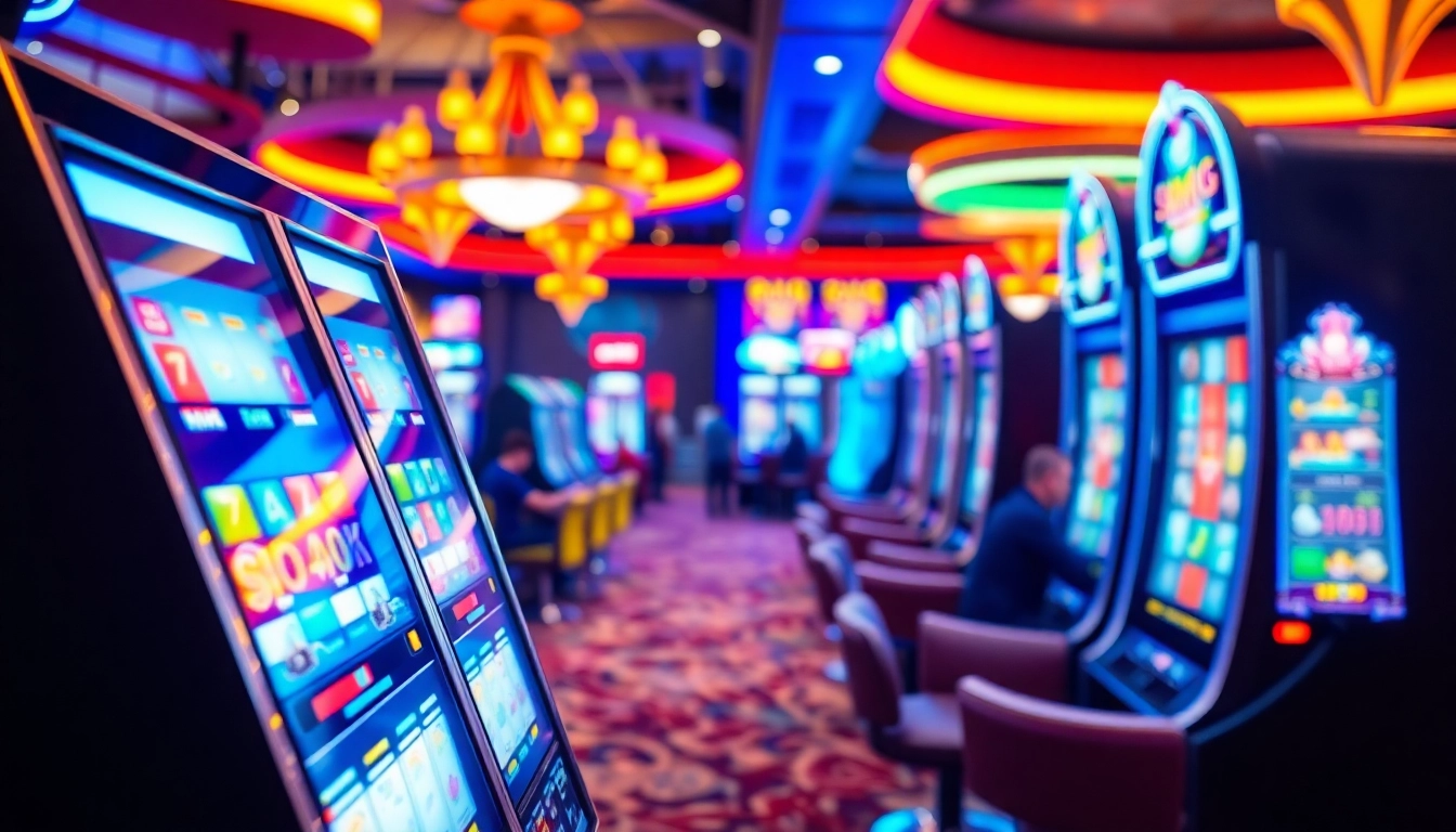 Jouez sur site de demo casino avec une machine à sous colorée et un environnement animé.