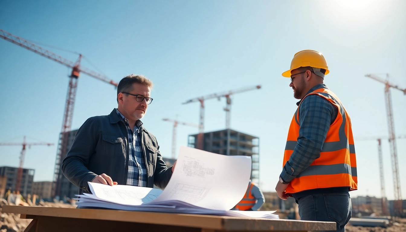 New Jersey Construction Manager collaborating with workers at a construction site, showing detailed plans.