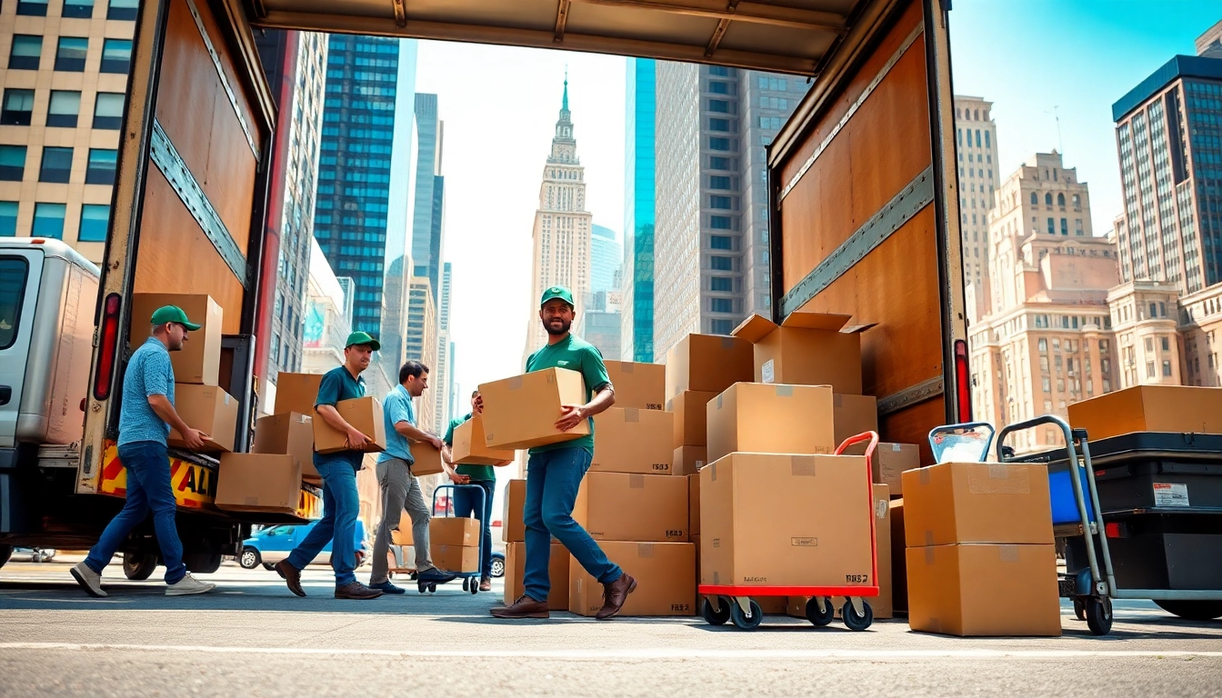Movers nyc team efficiently loading boxes into a truck amidst NYC's iconic skyline.