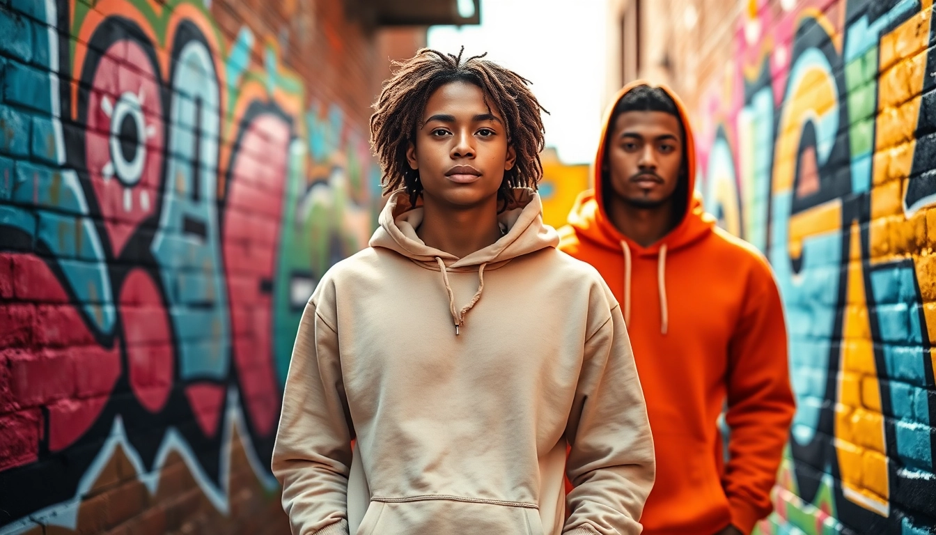 Showcase vibrant plain hoodies in an urban environment, highlighting style and fabric texture.