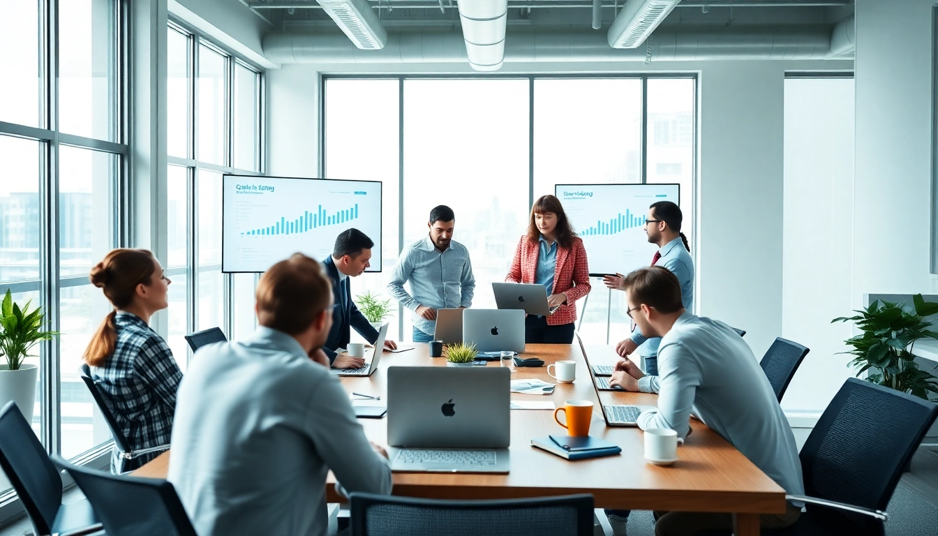 Showcase a team of seo companies kansas city professionals working collaboratively in a modern office.