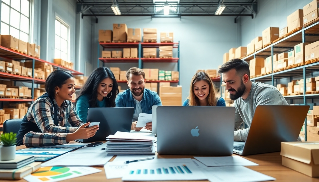Collaborative Amazon FBA wholesale team reviewing products and strategies in a bright office setting.