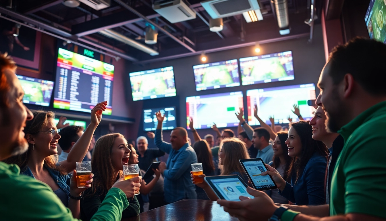Exciting sports betting scene with fans engaged in live betting and cheering.