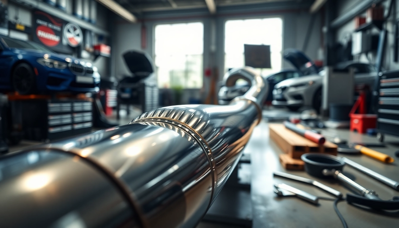 Showcasing the f80 m3 midpipe in a vibrant workshop environment with automotive tools.