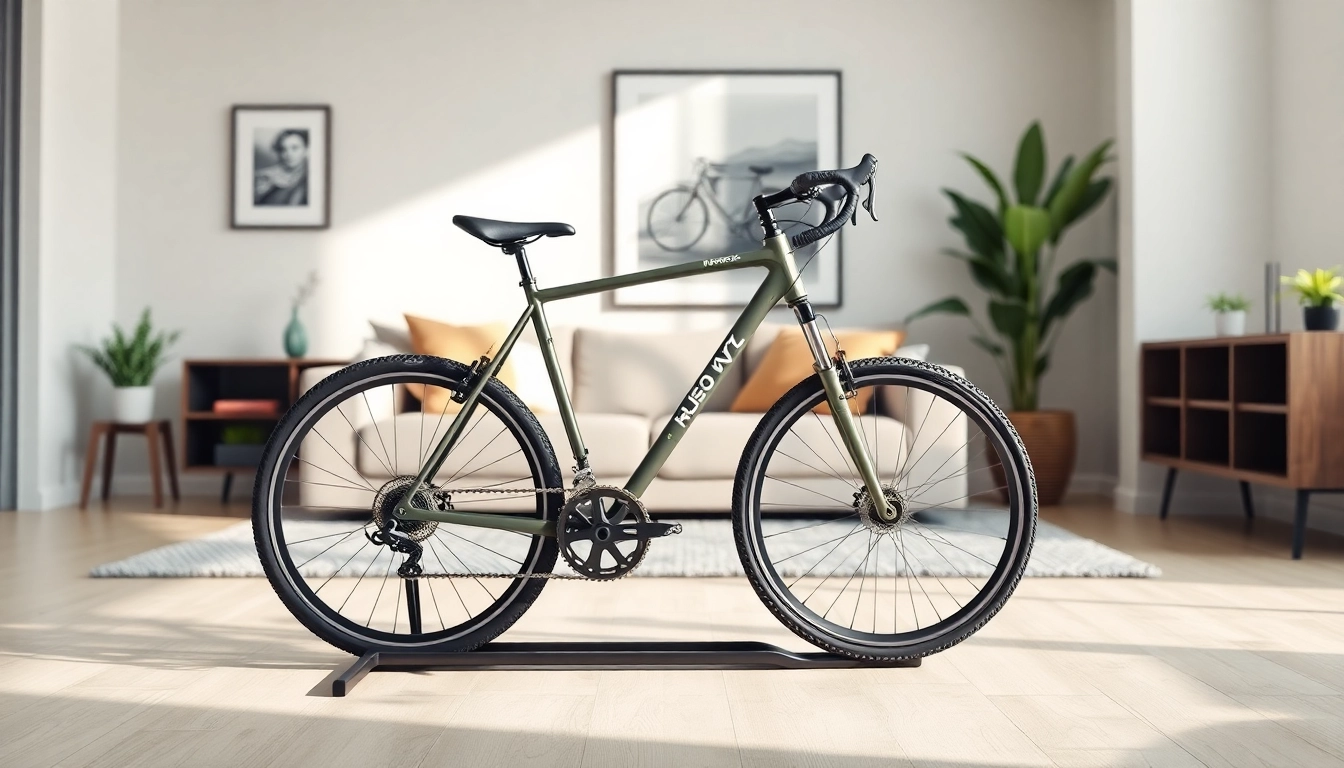 Showcasing a stylish bike rack elegantly holding a bicycle in a modern living room setting.