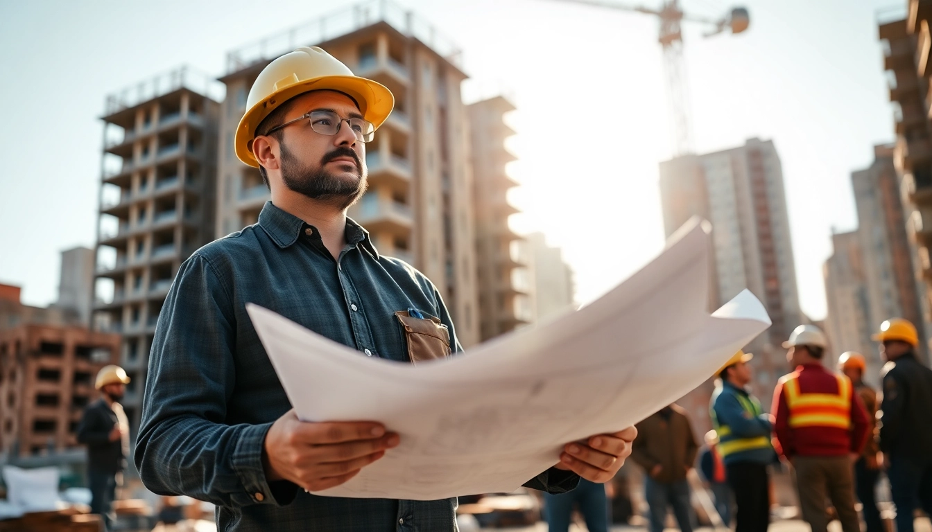Manhattan General Contractor supervising a busy construction site with workers and blueprints.