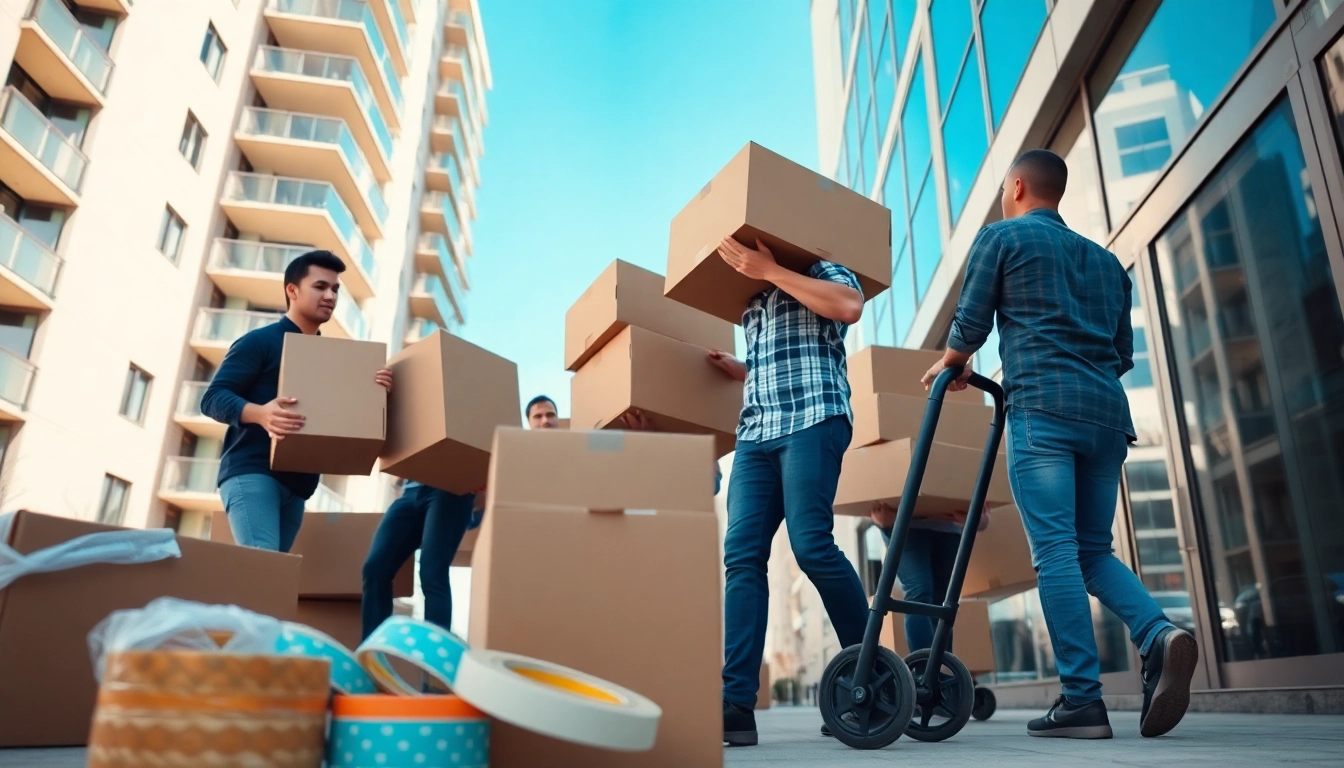 Movers in Toronto working efficiently to move boxes into a modern apartment, showcasing professionalism.