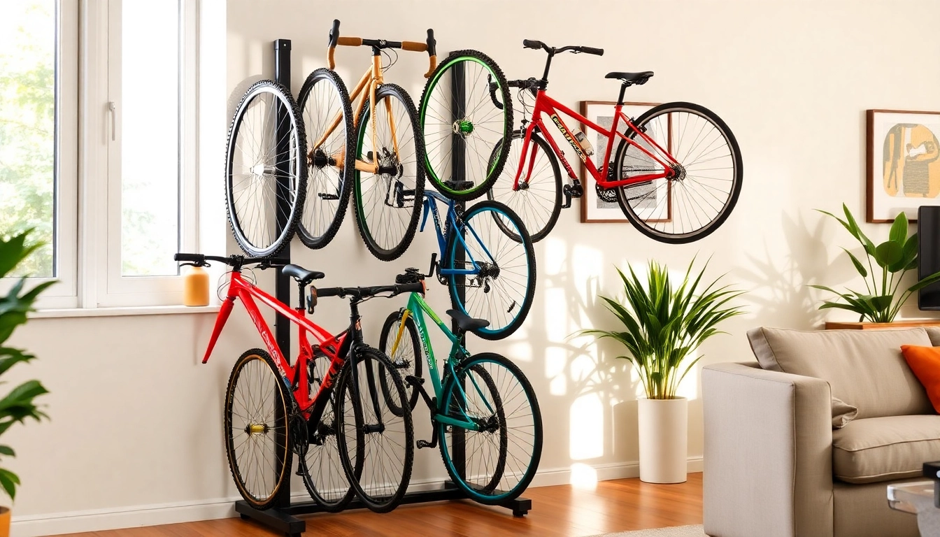 Organize your bicycles with a stylish bike rack for home in a modern living space setting.