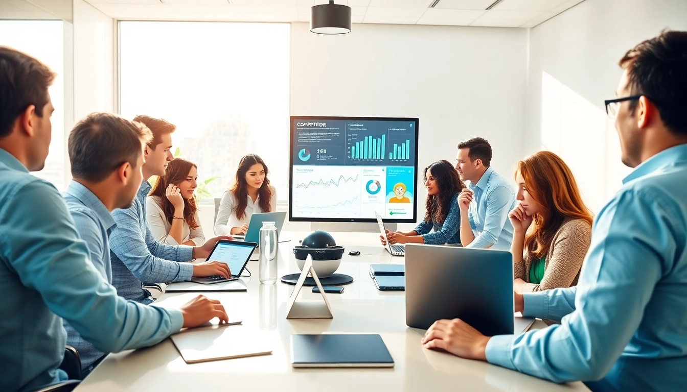 Visualize a team collaborating to find competitor customer list with data analysis tools.