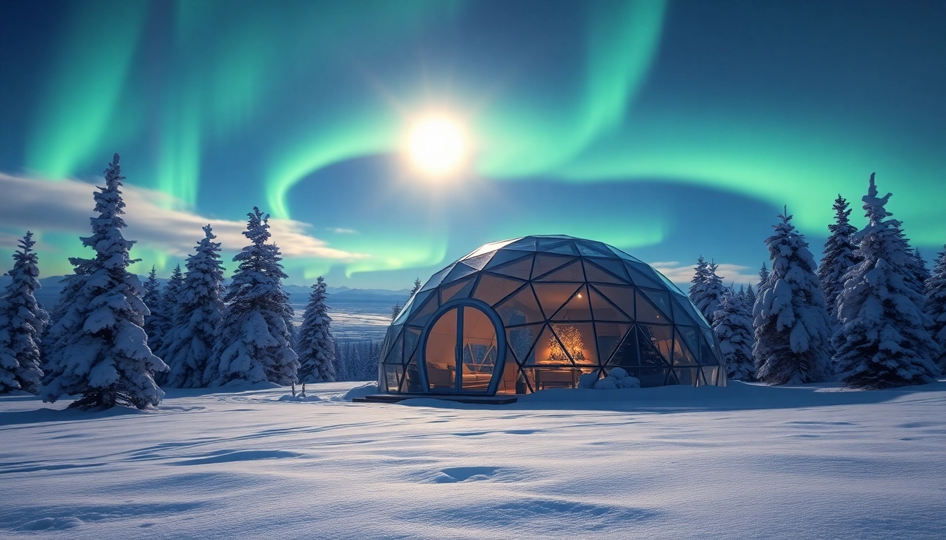 Experience a stunning Igloo resort lapland illuminated by the Northern Lights in a peaceful winter setting.
