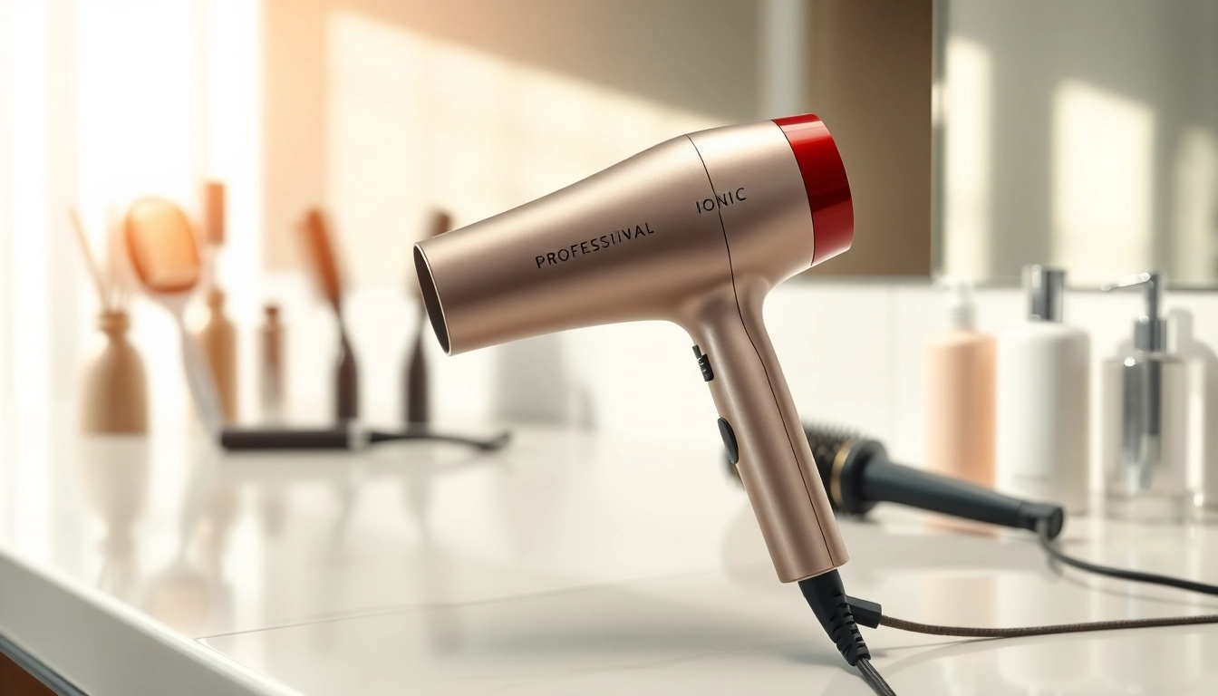 Enhance styling with an ionic hair dryer featuring a sleek design and metallic finish.