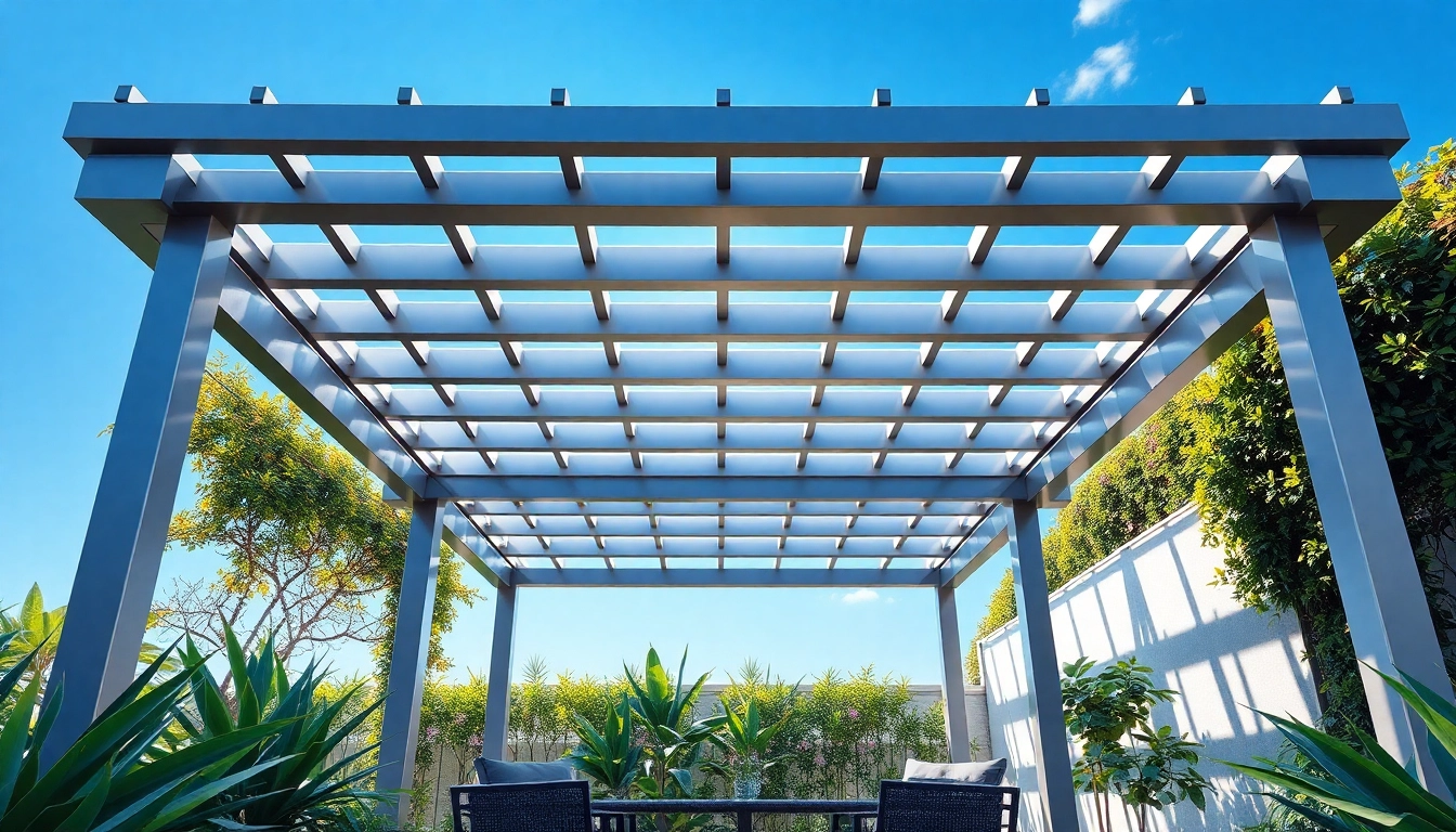 Relaxing space under a modern steel pergola surrounded by greenery with elegant design features.