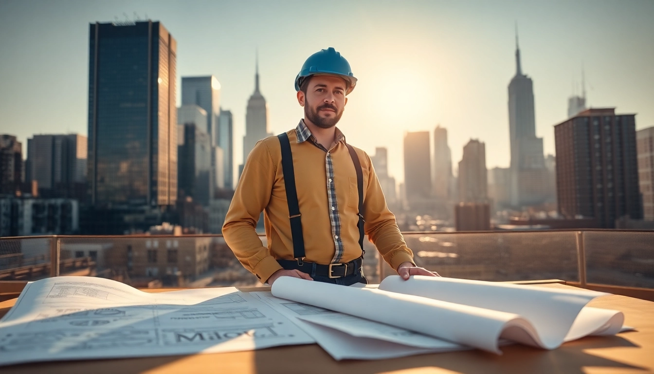 Manhattan General Contractor supervising a bustling construction site with blueprints in hand.