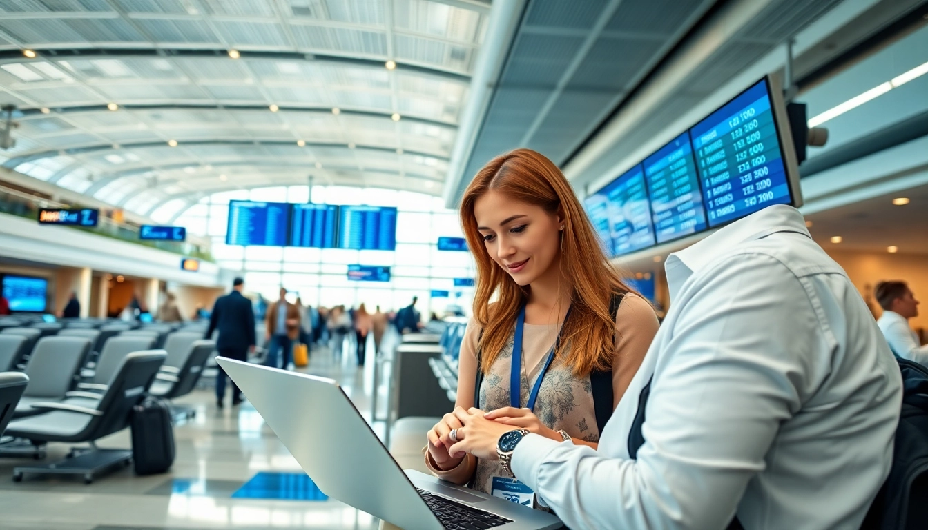 Researching flights in a modern airport lounge, highlighting travel efficiency and comfort.
