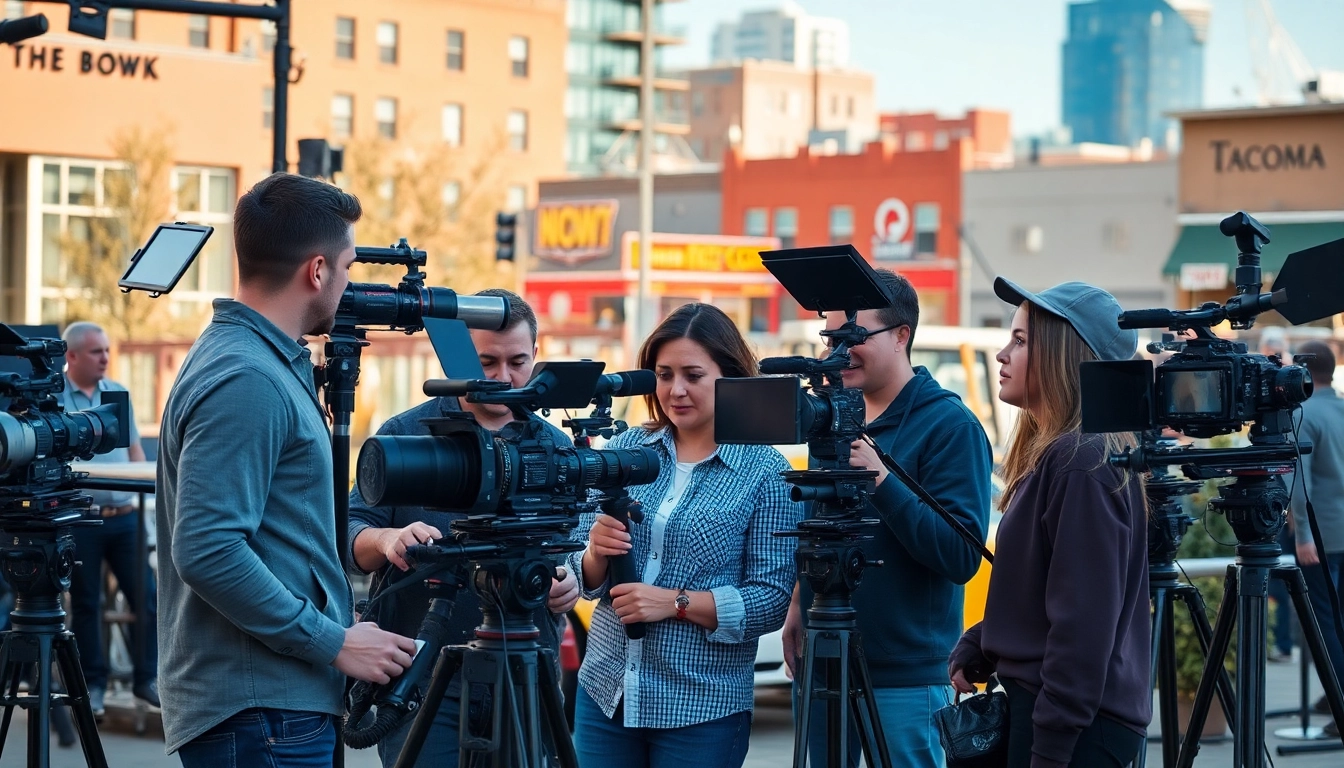 Capture the essence of tacoma video production in a bustling urban setting with a creative team.