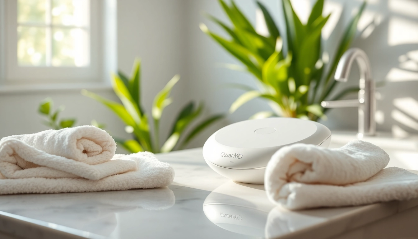 Analyze quasar md reviews showcasing the innovative skincare device in a relaxing bathroom setting.
